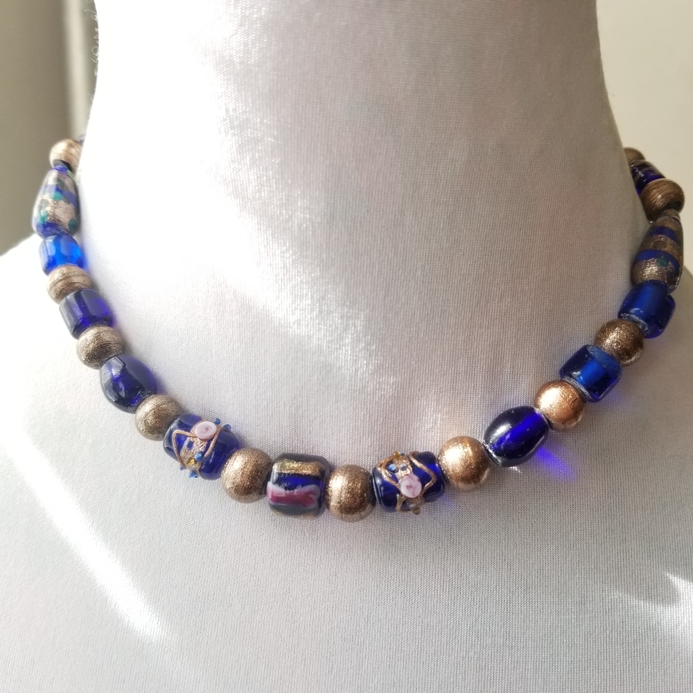 Blue glass necklace wedding cake beads beaded indigo